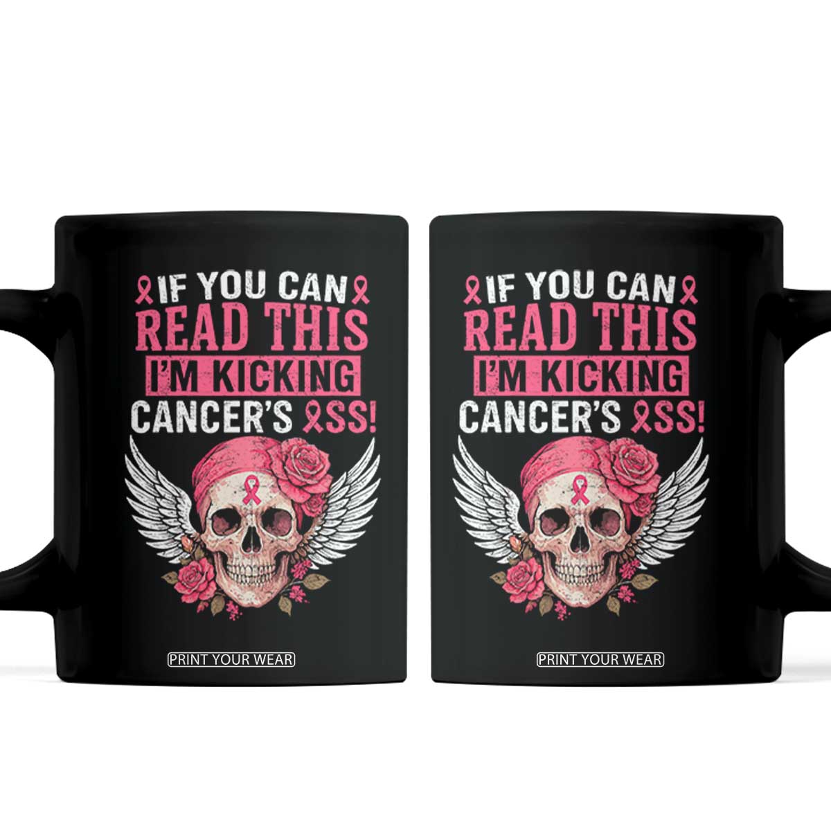Funny Breast Cancer Survivor Coffee Mug Im Kicking Cancers Ass Pink Ribbon Skull TS10 Black Print Your Wear