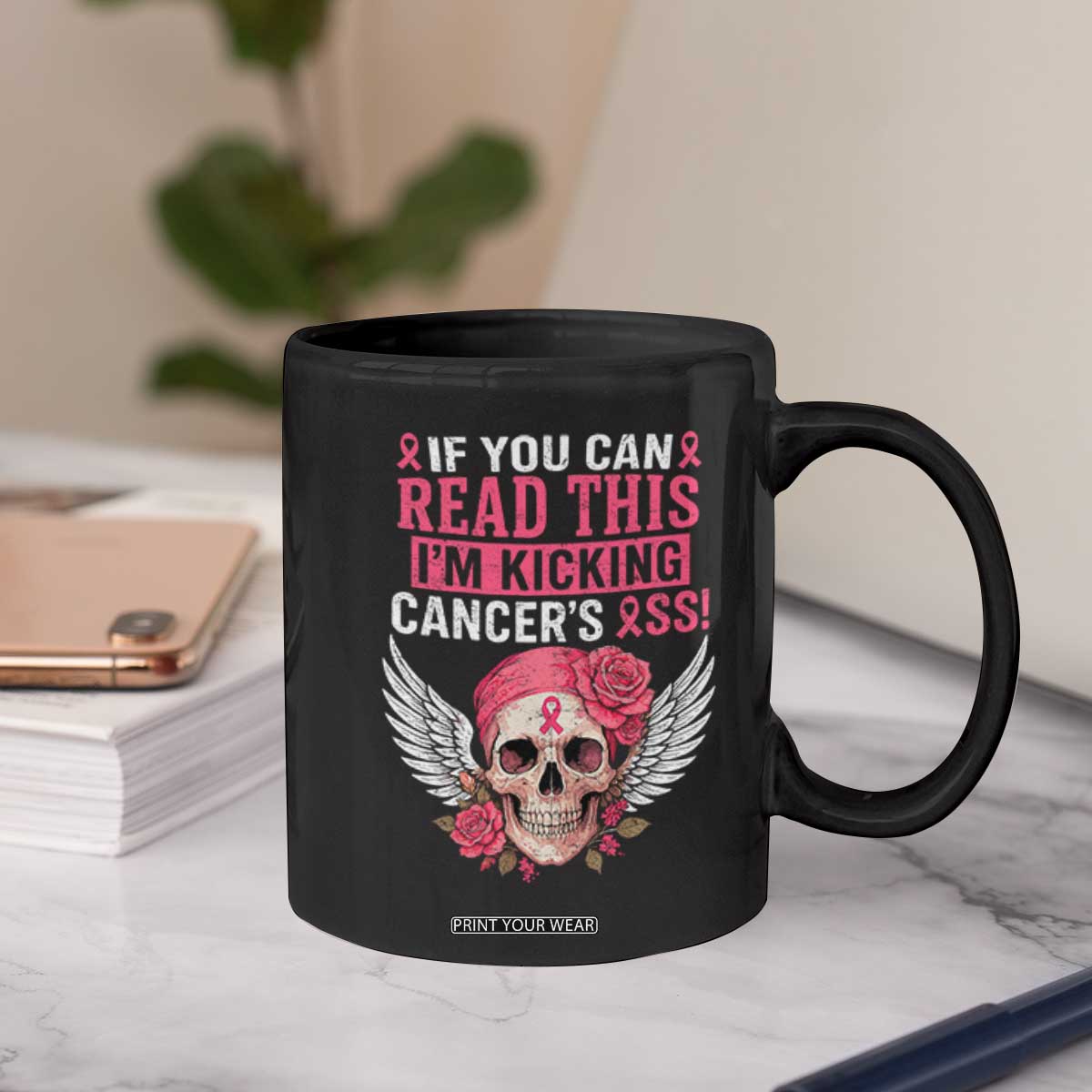 Funny Breast Cancer Survivor Coffee Mug Im Kicking Cancers Ass Pink Ribbon Skull TS10 Print Your Wear