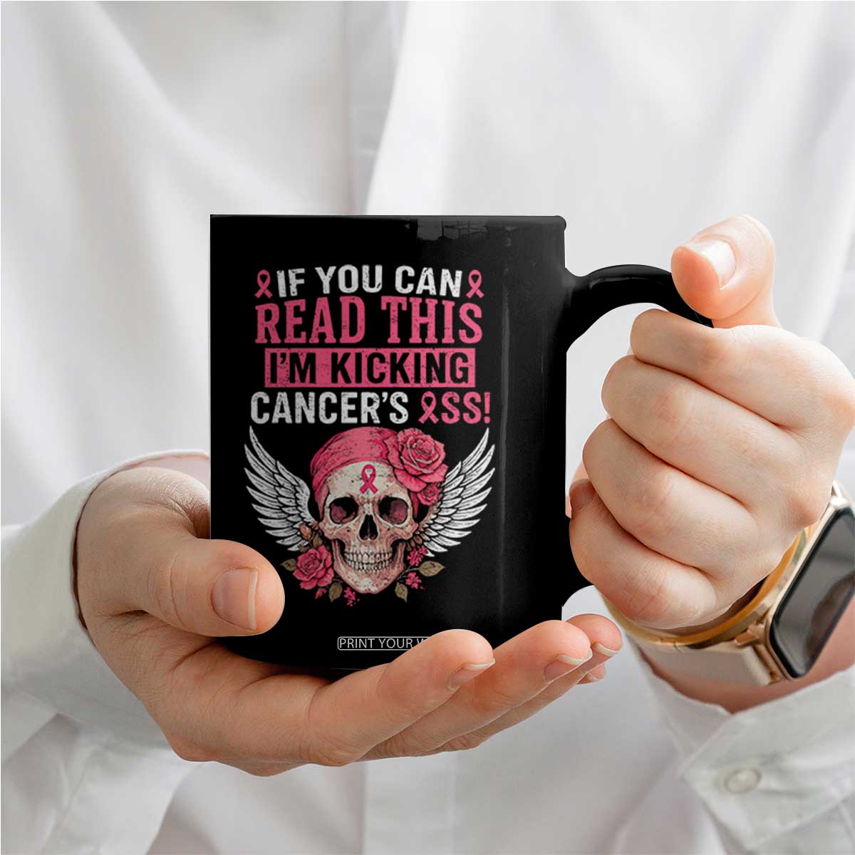 Funny Breast Cancer Survivor Coffee Mug Im Kicking Cancers Ass Pink Ribbon Skull TS10 Print Your Wear