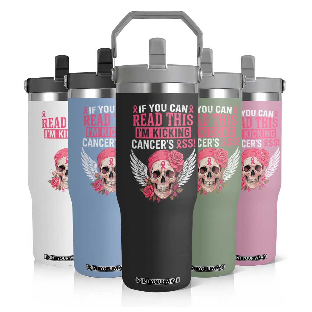 Funny Breast Cancer Survivor Flip Straw Tumbler Im Kicking Cancers Ass Pink Ribbon Skull TS10 Print Your Wear