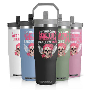 Funny Breast Cancer Survivor Flip Straw Tumbler Im Kicking Cancers Ass Pink Ribbon Skull TS10 Print Your Wear