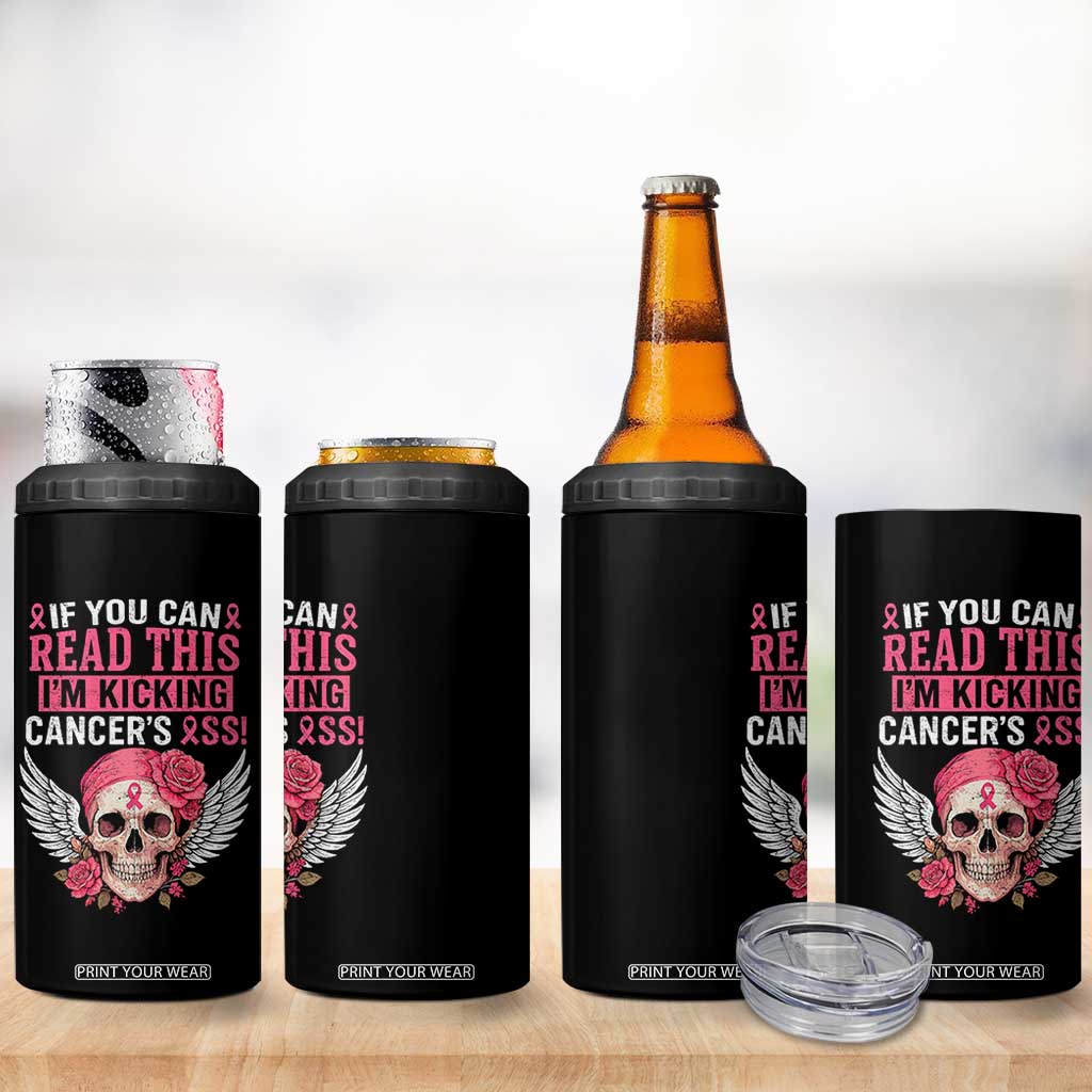 Funny Breast Cancer Survivor 4 in 1 Can Cooler Tumbler Im Kicking Cancers Ass Pink Ribbon Skull TS10 Print Your Wear
