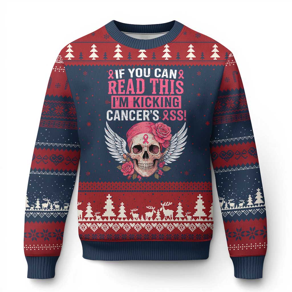 Funny Breast Cancer Survivor Ugly Christmas Sweater Im Kicking Cancers Ass Pink Ribbon Skull TS10 Navy Red Print Your Wear