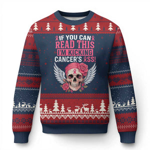 Funny Breast Cancer Survivor Ugly Christmas Sweater Im Kicking Cancers Ass Pink Ribbon Skull TS10 Navy Red Print Your Wear
