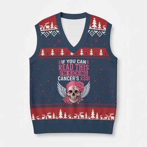 Funny Breast Cancer Survivor V-Neck Knit Sweater Vest Im Kicking Cancers Ass Pink Ribbon Skull TS10 Navy Red Print Your Wear