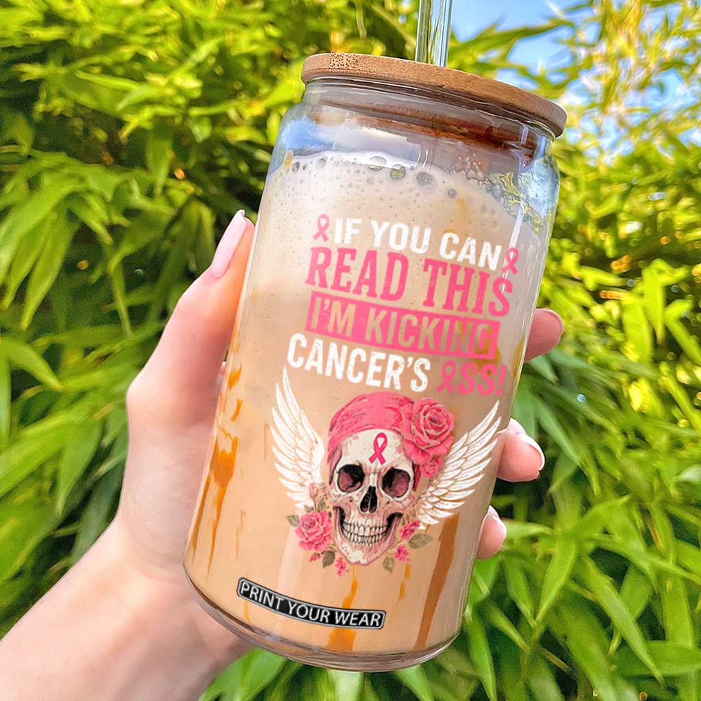 Funny Breast Cancer Survivor Glass Can Im Kicking Cancers Ass Pink Ribbon Skull TS10 Black Print Your Wear