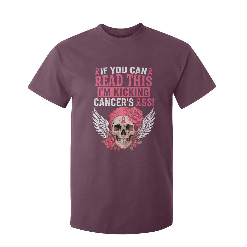Funny Breast Cancer Survivor T Shirt For Kid Im Kicking Cancers Ass Pink Ribbon Skull TS10 Maroon Print Your Wear