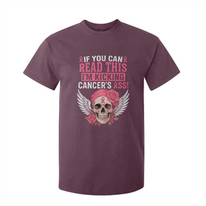Funny Breast Cancer Survivor T Shirt For Kid Im Kicking Cancers Ass Pink Ribbon Skull TS10 Maroon Print Your Wear