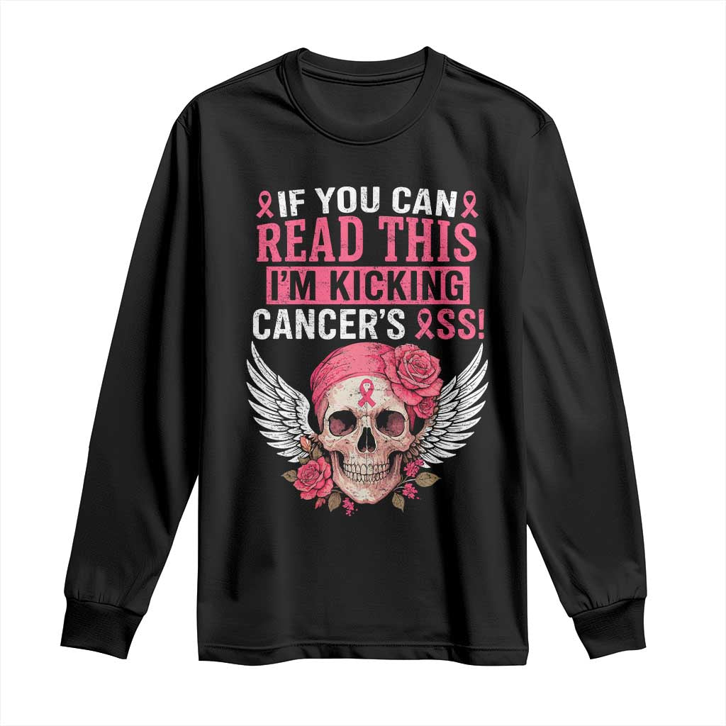 Funny Breast Cancer Survivor Long Sleeve Shirt Im Kicking Cancers Ass Pink Ribbon Skull - Print Your Wear