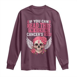 Funny Breast Cancer Survivor Long Sleeve Shirt Im Kicking Cancers Ass Pink Ribbon Skull TS10 Maroon Print Your Wear