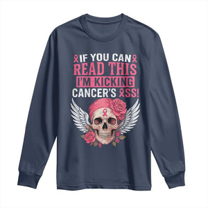 Funny Breast Cancer Survivor Long Sleeve Shirt Im Kicking Cancers Ass Pink Ribbon Skull TS10 Navy Print Your Wear
