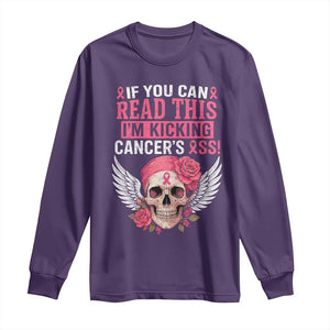 Funny Breast Cancer Survivor Long Sleeve Shirt Im Kicking Cancers Ass Pink Ribbon Skull TS10 Purple Print Your Wear