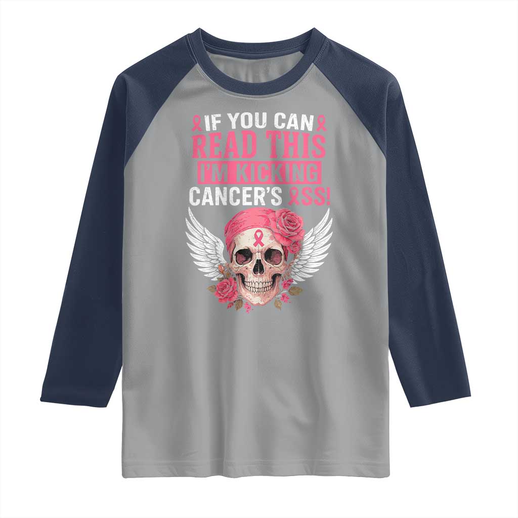 Funny Breast Cancer Survivor Raglan Shirt Im Kicking Cancers Ass Pink Ribbon Skull TS10 Sport Gray Navy Print Your Wear
