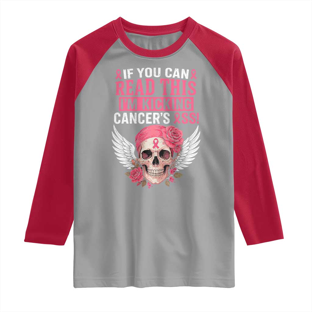 Funny Breast Cancer Survivor Raglan Shirt Im Kicking Cancers Ass Pink Ribbon Skull TS10 Sport Gray Red Print Your Wear