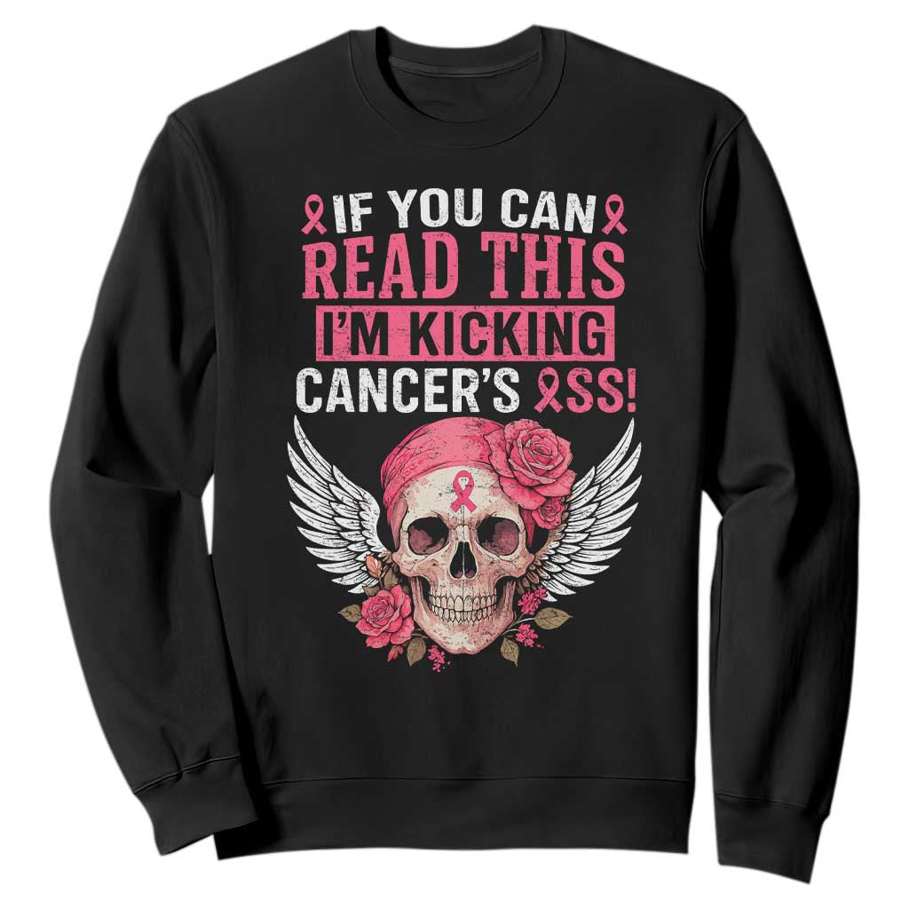 Funny Breast Cancer Survivor Sweatshirt Im Kicking Cancers Ass Pink Ribbon Skull - Print Your Wear