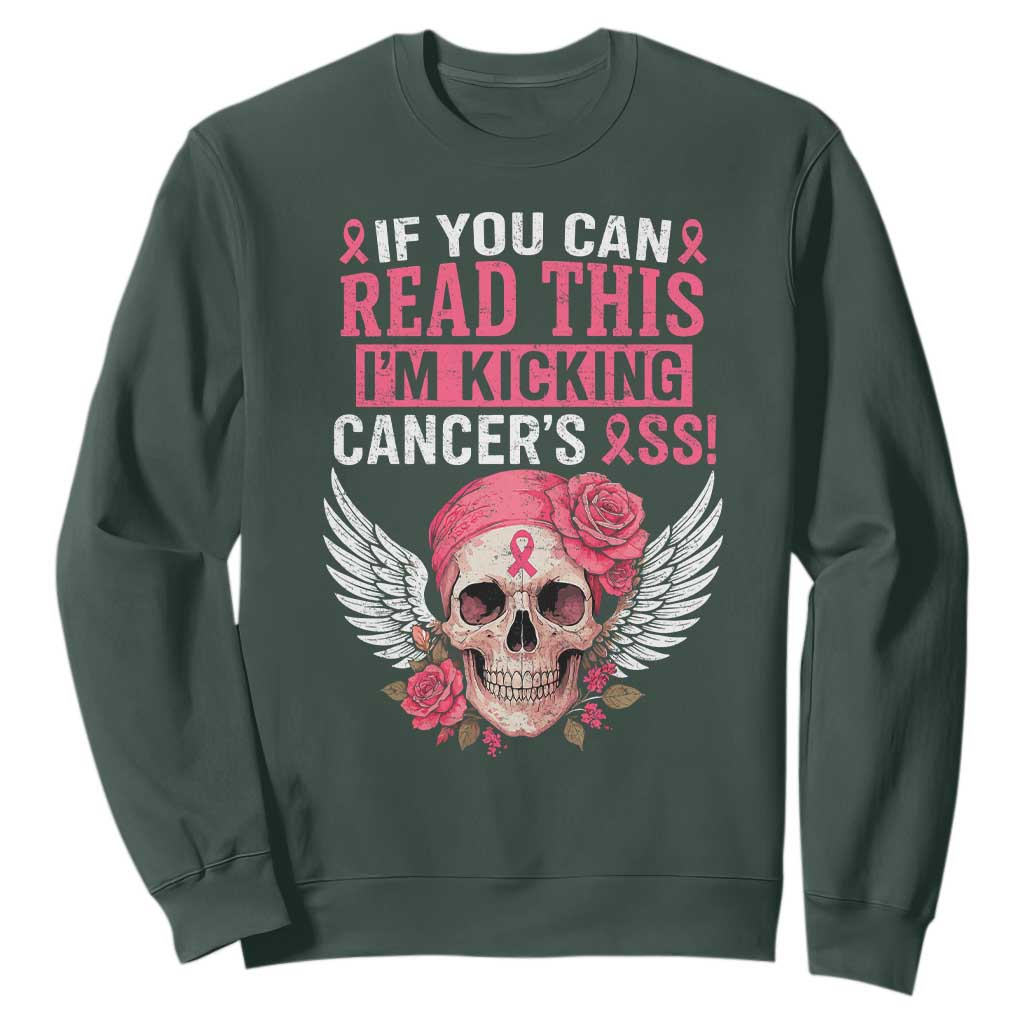 Funny Breast Cancer Survivor Sweatshirt Im Kicking Cancers Ass Pink Ribbon Skull TS10 Dark Forest Green Print Your Wear