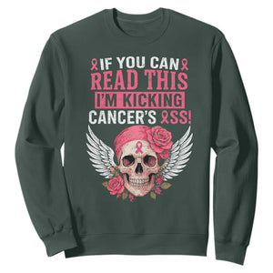 Funny Breast Cancer Survivor Sweatshirt Im Kicking Cancers Ass Pink Ribbon Skull TS10 Dark Forest Green Print Your Wear