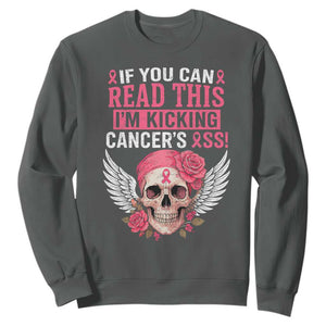 Funny Breast Cancer Survivor Sweatshirt Im Kicking Cancers Ass Pink Ribbon Skull TS10 Dark Heather Print Your Wear
