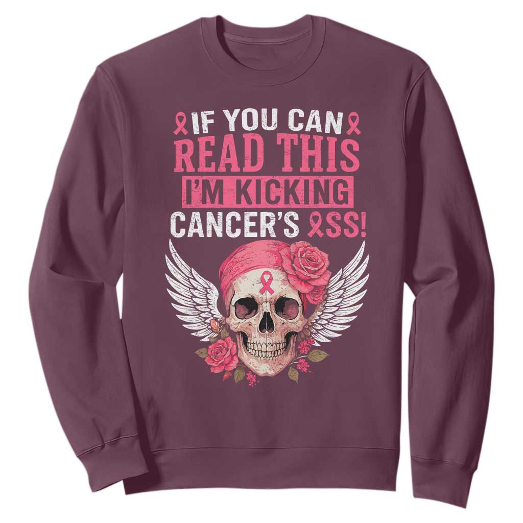Funny Breast Cancer Survivor Sweatshirt Im Kicking Cancers Ass Pink Ribbon Skull TS10 Maroon Print Your Wear