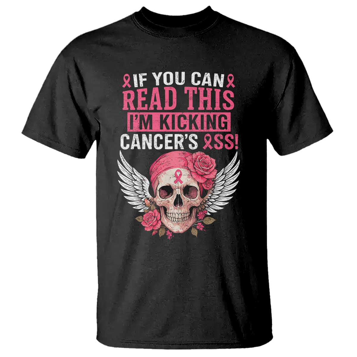 Funny Breast Cancer Survivor T Shirt Im Kicking Cancers Ass Pink Ribbon Skull - Print Your Wear