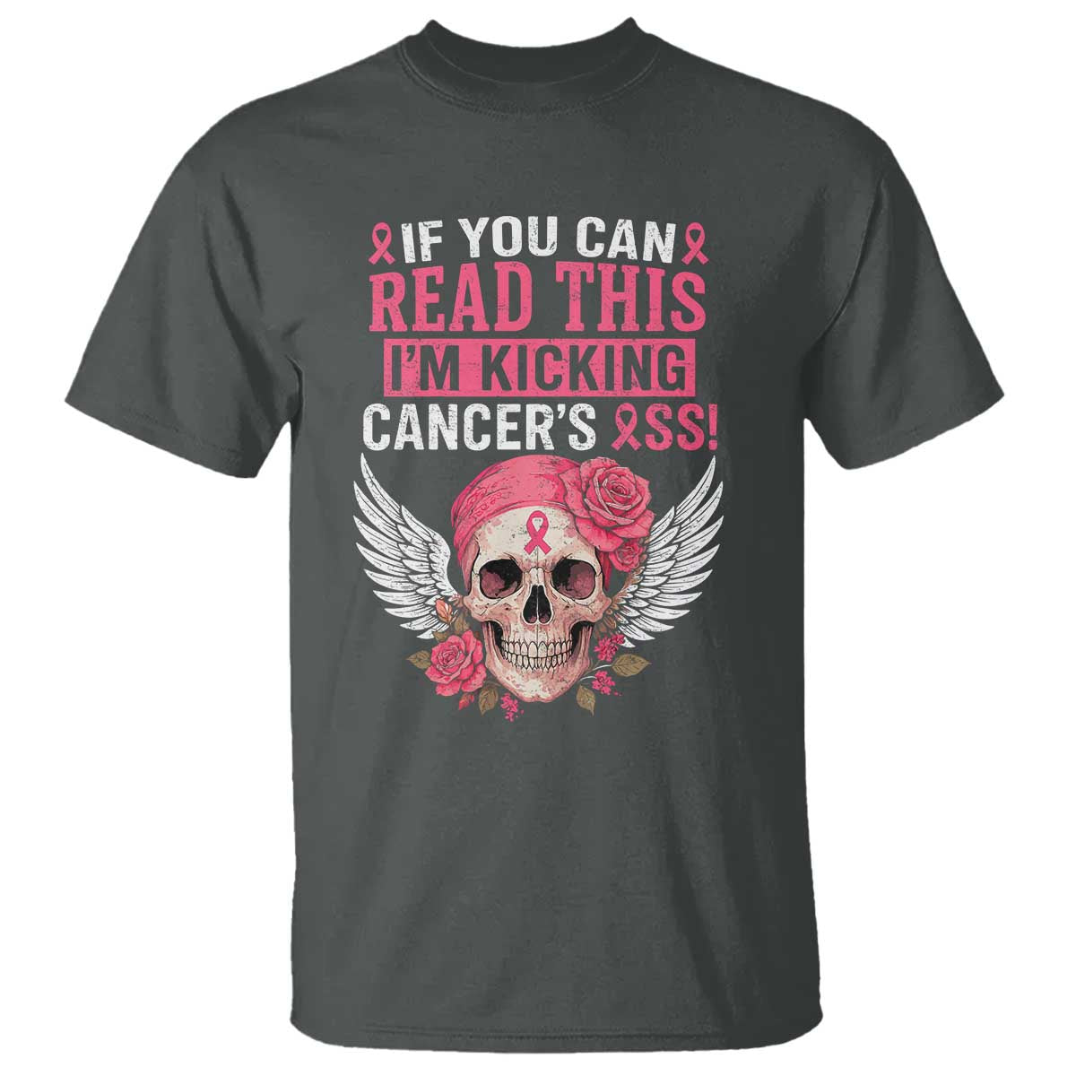 Funny Breast Cancer Survivor T Shirt Im Kicking Cancers Ass Pink Ribbon Skull TS10 Dark Heather Print Your Wear