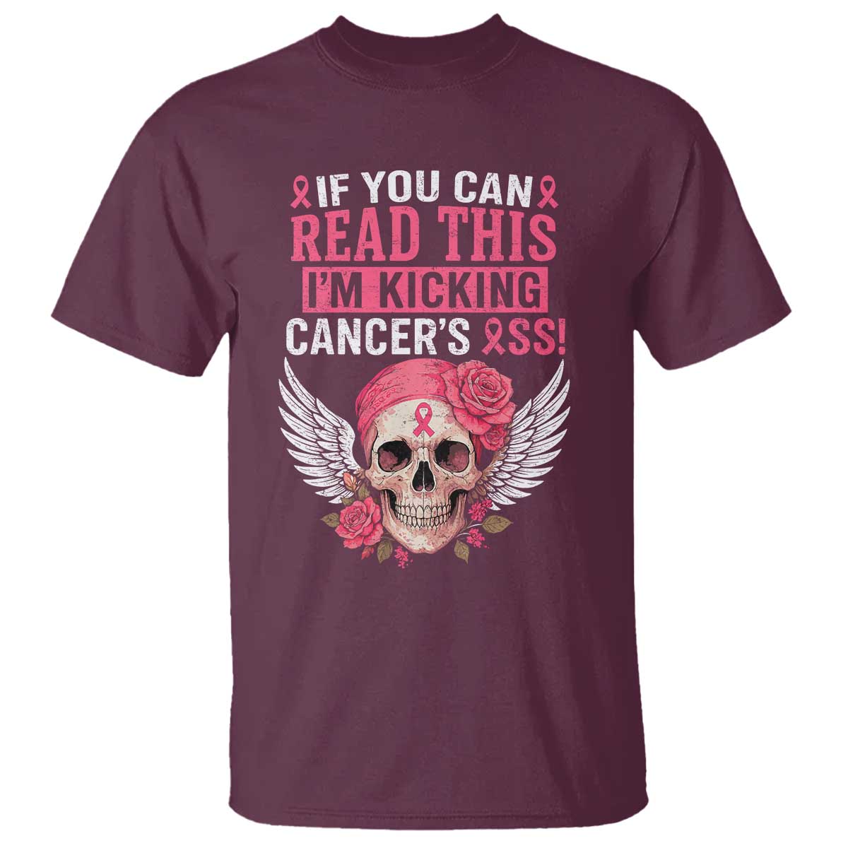 Funny Breast Cancer Survivor T Shirt Im Kicking Cancers Ass Pink Ribbon Skull TS10 Maroon Print Your Wear