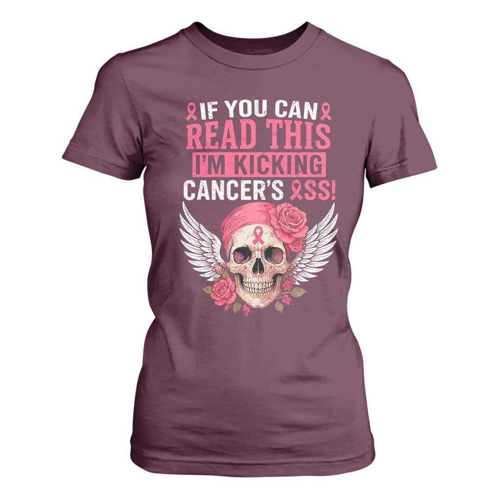 Funny Breast Cancer Survivor T Shirt For Women Im Kicking Cancers Ass Pink Ribbon Skull TS10 Maroon Print Your Wear