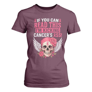 Funny Breast Cancer Survivor T Shirt For Women Im Kicking Cancers Ass Pink Ribbon Skull TS10 Maroon Print Your Wear