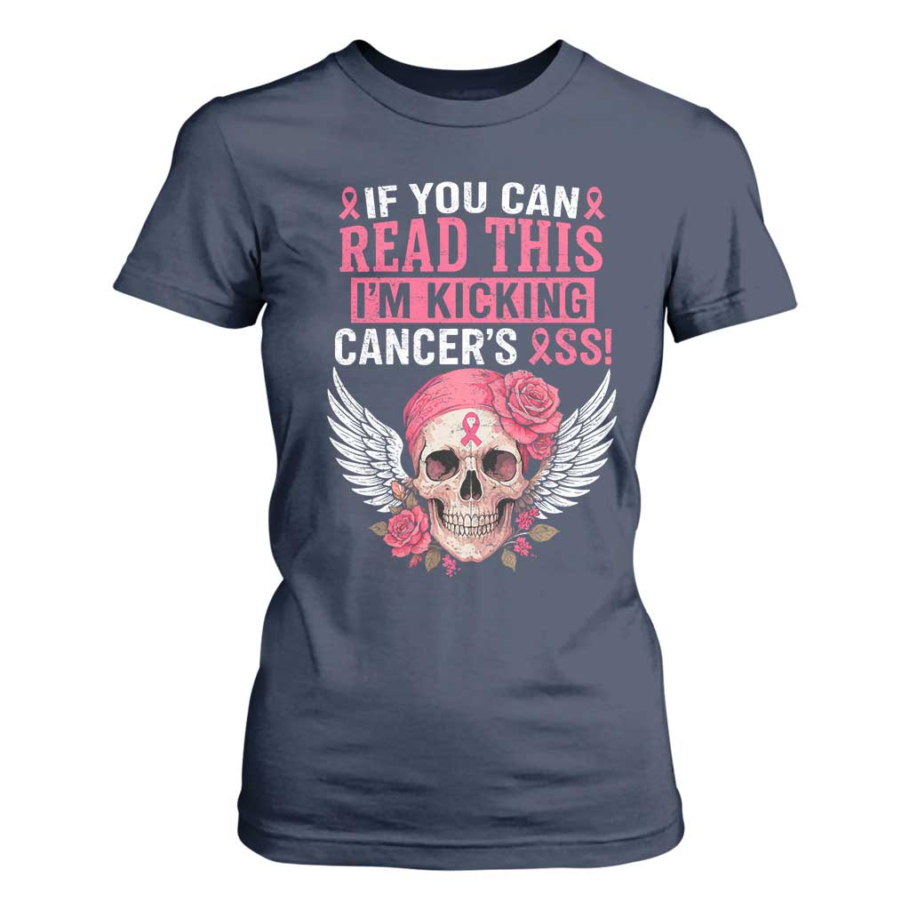 Funny Breast Cancer Survivor T Shirt For Women Im Kicking Cancers Ass Pink Ribbon Skull TS10 Navy Print Your Wear