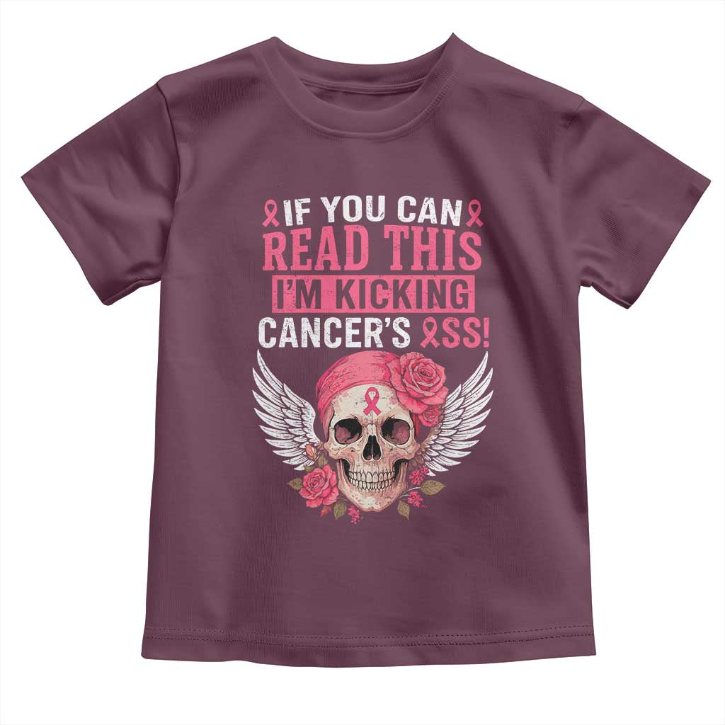 Funny Breast Cancer Survivor Toddler T Shirt Im Kicking Cancers Ass Pink Ribbon Skull TS10 Maroon Print Your Wear