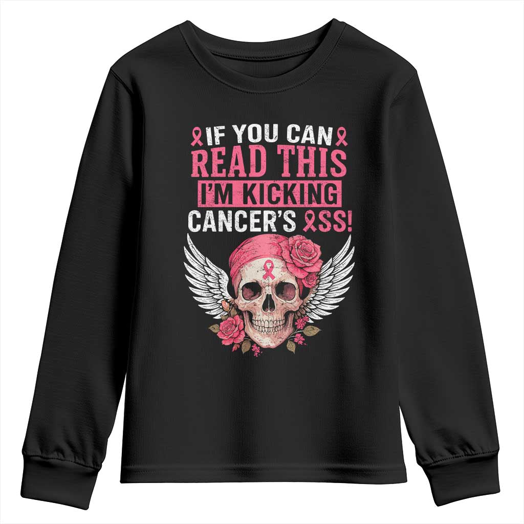 Funny Breast Cancer Survivor Youth Sweatshirt Im Kicking Cancers Ass Pink Ribbon Skull - Print Your Wear