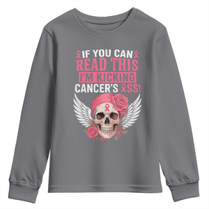 Funny Breast Cancer Survivor Youth Sweatshirt Im Kicking Cancers Ass Pink Ribbon Skull TS10 Charcoal Print Your Wear