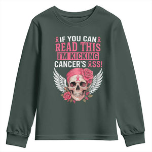Funny Breast Cancer Survivor Youth Sweatshirt Im Kicking Cancers Ass Pink Ribbon Skull TS10 Dark Forest Green Print Your Wear