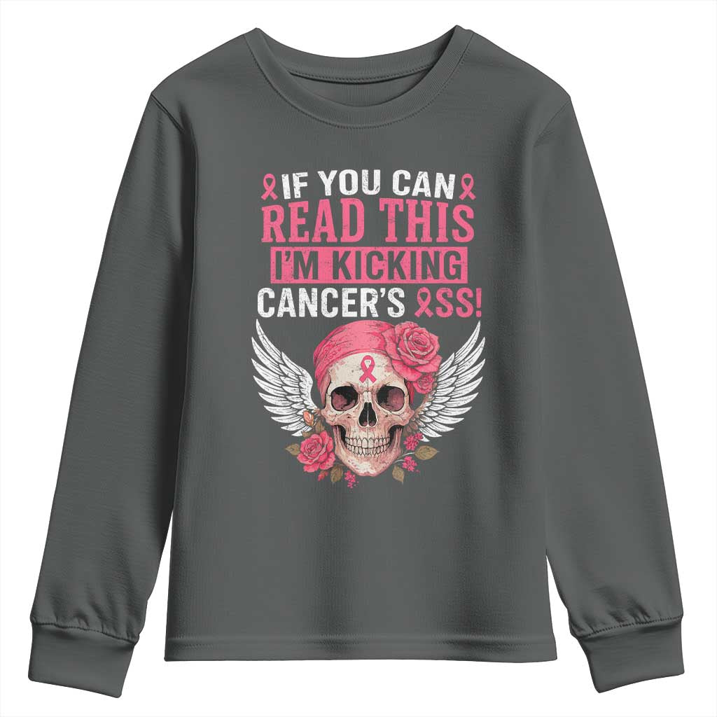 Funny Breast Cancer Survivor Youth Sweatshirt Im Kicking Cancers Ass Pink Ribbon Skull TS10 Dark Heather Print Your Wear