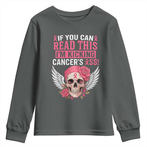 Funny Breast Cancer Survivor Youth Sweatshirt Im Kicking Cancers Ass Pink Ribbon Skull TS10 Dark Heather Print Your Wear