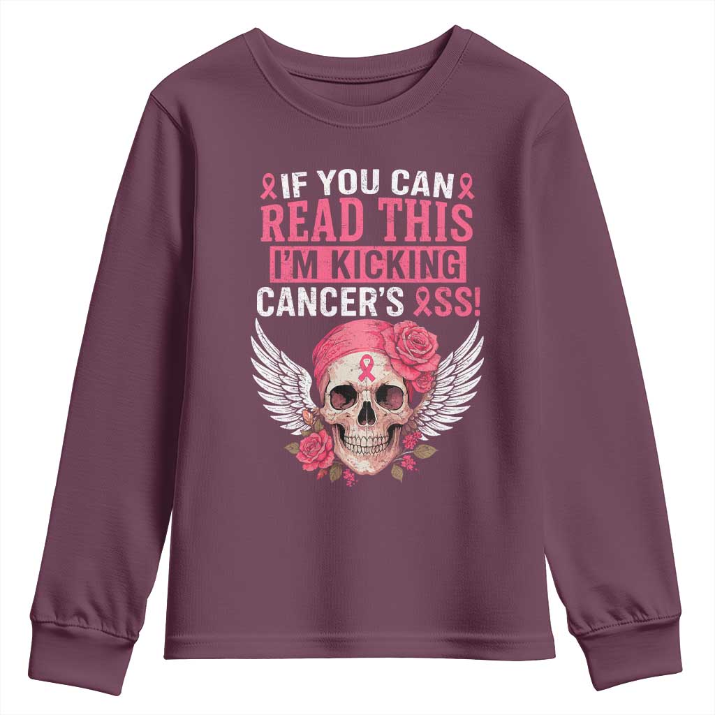 Funny Breast Cancer Survivor Youth Sweatshirt Im Kicking Cancers Ass Pink Ribbon Skull TS10 Maroon Print Your Wear