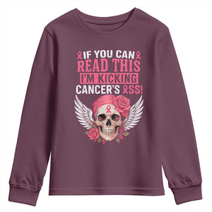 Funny Breast Cancer Survivor Youth Sweatshirt Im Kicking Cancers Ass Pink Ribbon Skull TS10 Maroon Print Your Wear