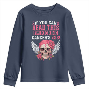 Funny Breast Cancer Survivor Youth Sweatshirt Im Kicking Cancers Ass Pink Ribbon Skull TS10 Navy Print Your Wear