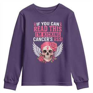 Funny Breast Cancer Survivor Youth Sweatshirt Im Kicking Cancers Ass Pink Ribbon Skull TS10 Purple Print Your Wear