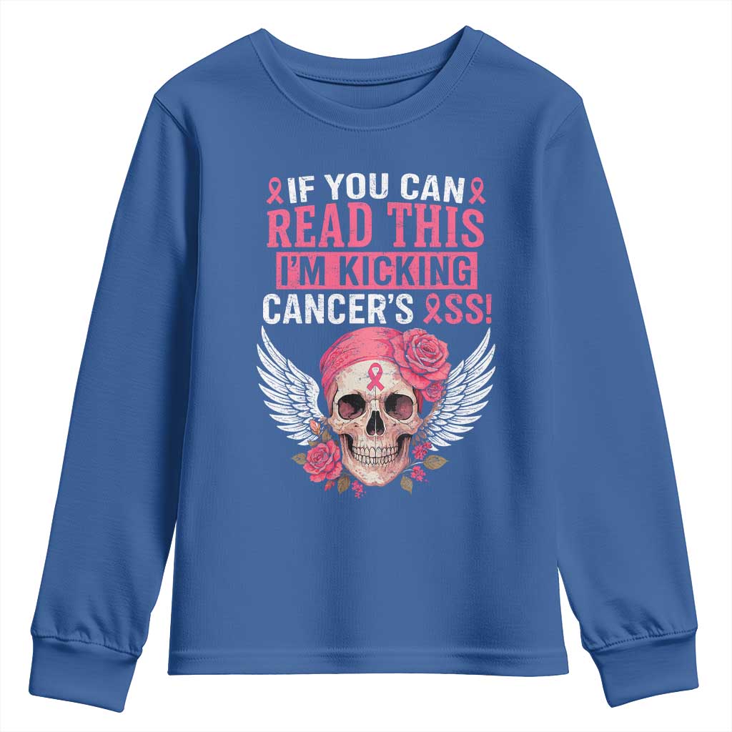 Funny Breast Cancer Survivor Youth Sweatshirt Im Kicking Cancers Ass Pink Ribbon Skull TS10 Royal Blue Print Your Wear