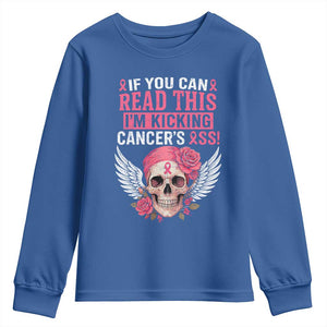 Funny Breast Cancer Survivor Youth Sweatshirt Im Kicking Cancers Ass Pink Ribbon Skull TS10 Royal Blue Print Your Wear