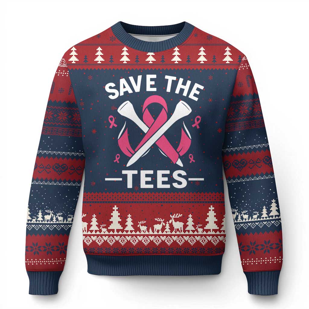 Breast Cancer Awareness Pink Ribbon Golf Ugly Christmas Sweater Funny Save The Tees TS10 Navy Red Print Your Wear