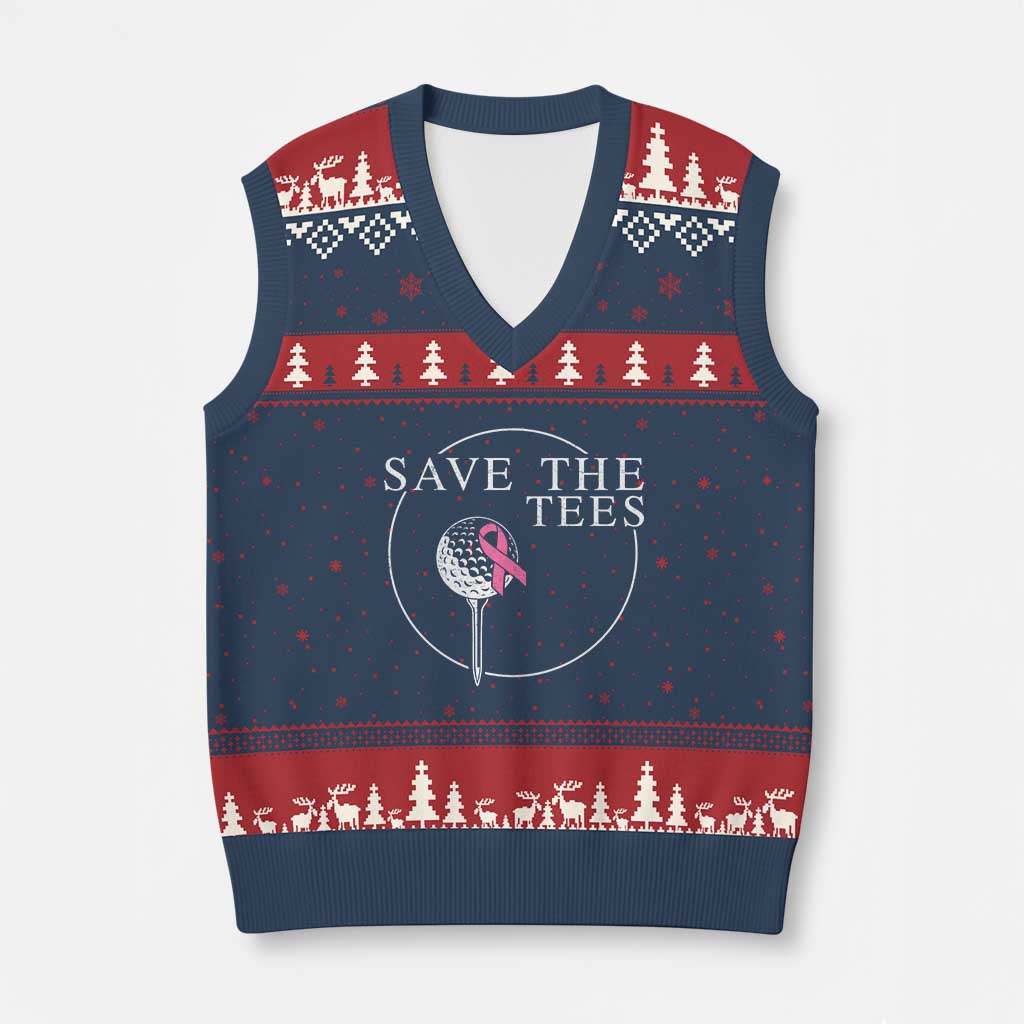 Breast Cancer Awareness Golf V-Neck Knit Sweater Vest Pink Ribbon Save The Tees Fundraiser Team TS10 Navy Red Print Your Wear