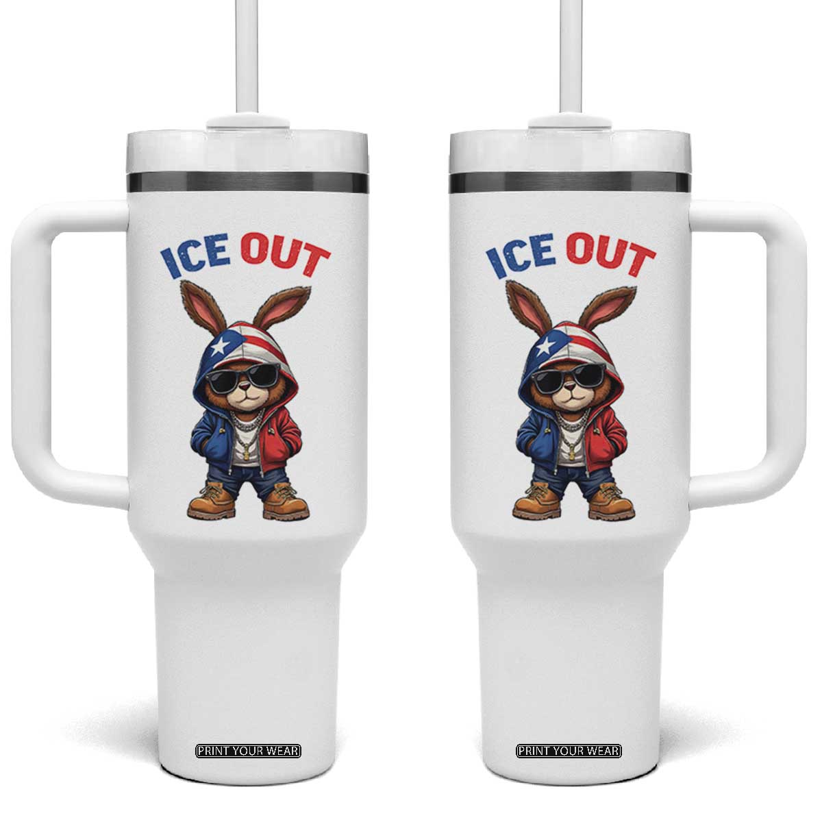 Cool Bunny Ice Out Tumbler With Handle Puerto Rican Flag Hoodie Outfit Vibes Boricua TS10 One Size: 40 oz White Print Your Wear