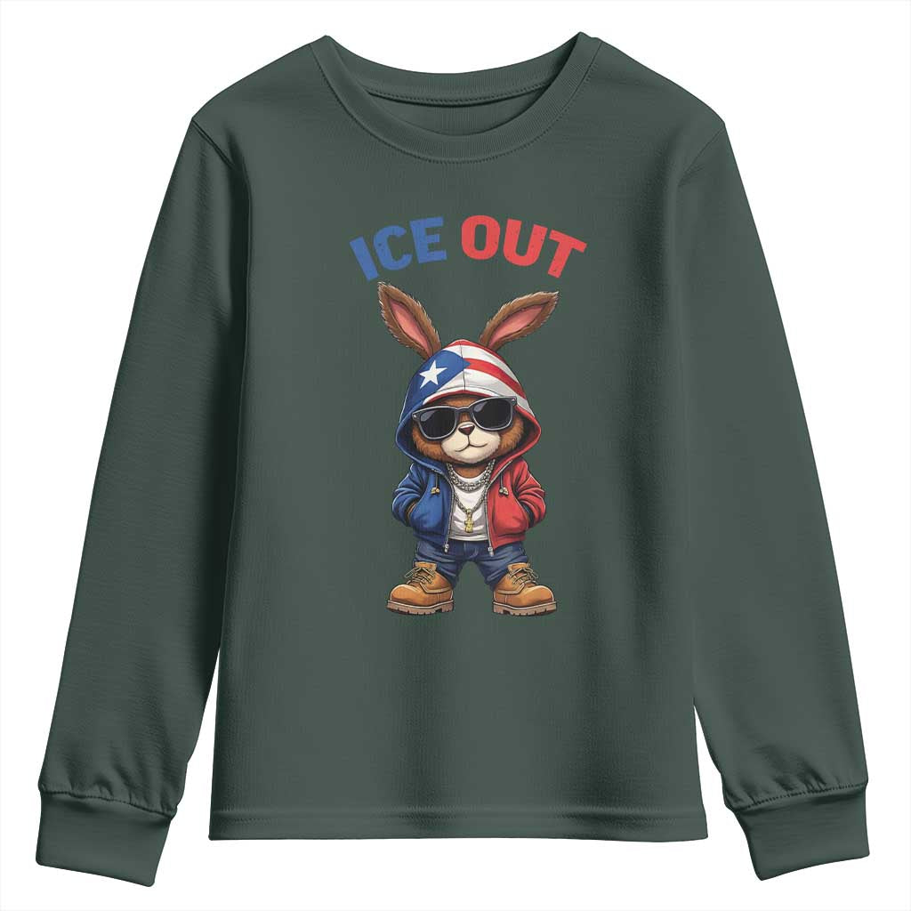 Cool Bunny Ice Out Youth Sweatshirt Puerto Rican Flag Hoodie Outfit Vibes Boricua TS10 Dark Forest Green Print Your Wear