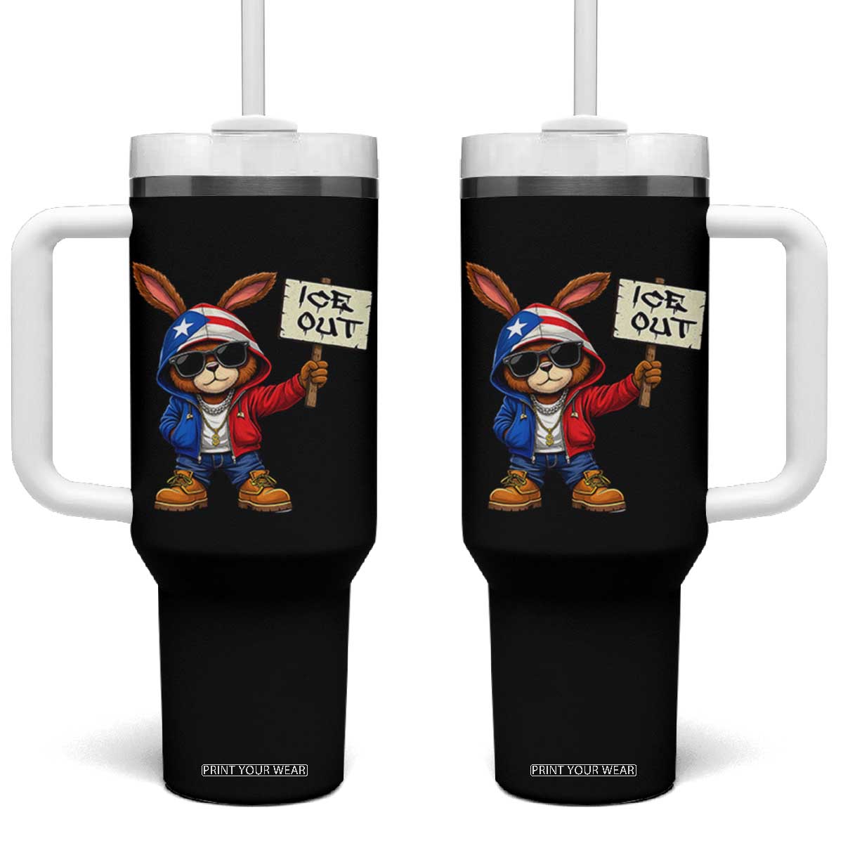 Bunny Ice Out Tumbler With Handle Protest Equality Puerto Rican Flag Hoodie TS10 One Size: 40 oz Black Print Your Wear