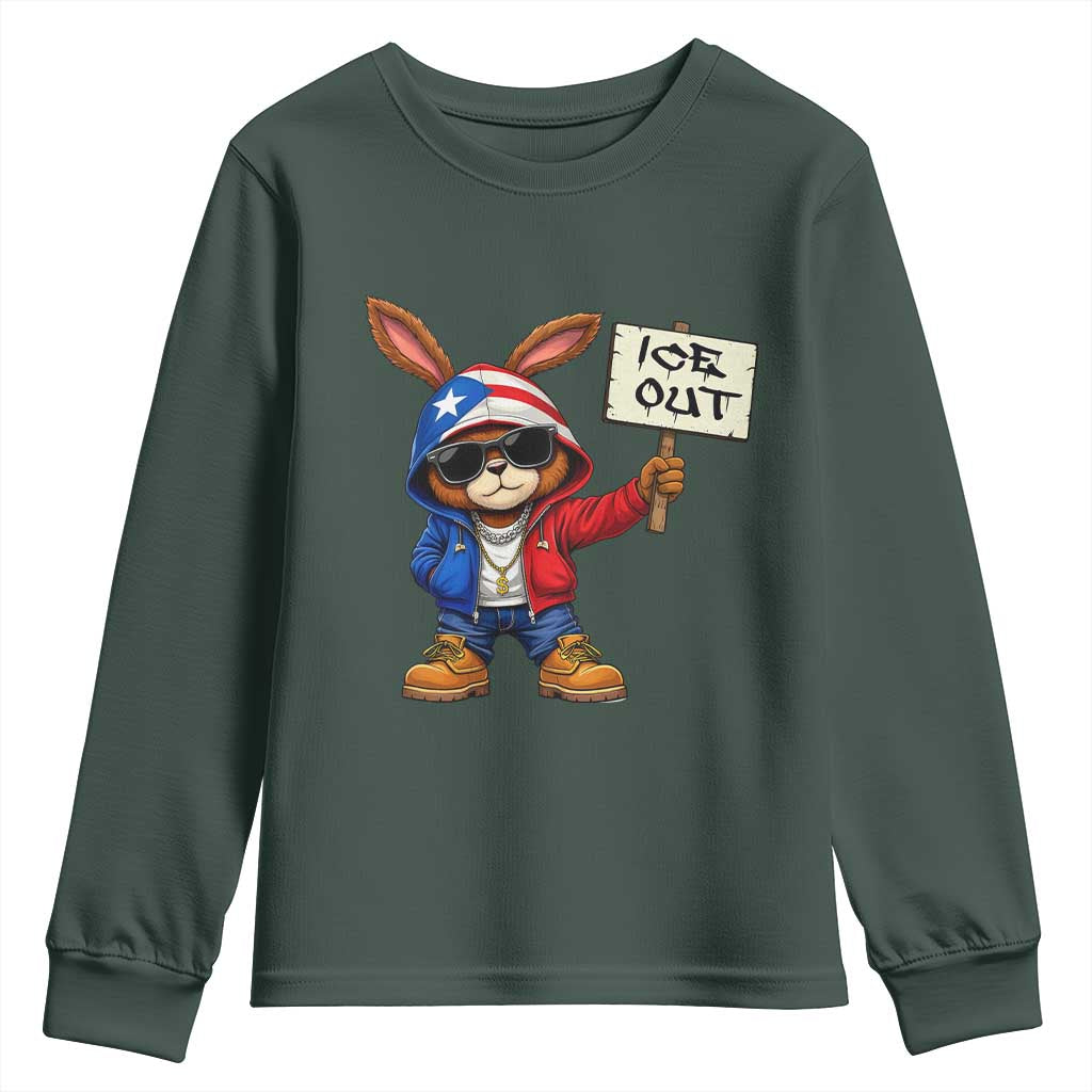 Bunny Ice Out Youth Sweatshirt Protest Equality Puerto Rican Flag Hoodie TS10 Dark Forest Green Print Your Wear
