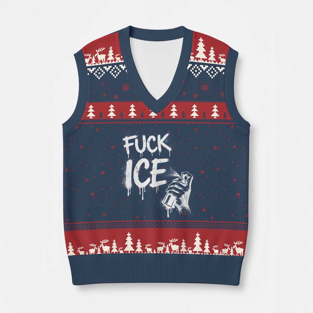 Fck Ice V-Neck Knit Sweater Vest Vintage Graffiti No Human is Illegal TS10 Navy Red Print Your Wear