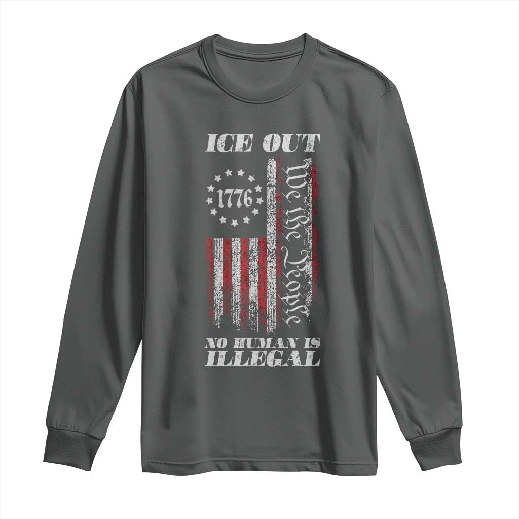 Ice Out No Human Is Illegal Long Sleeve Shirt Vintage Old 1776 US Flag TS10 Dark Heather Print Your Wear