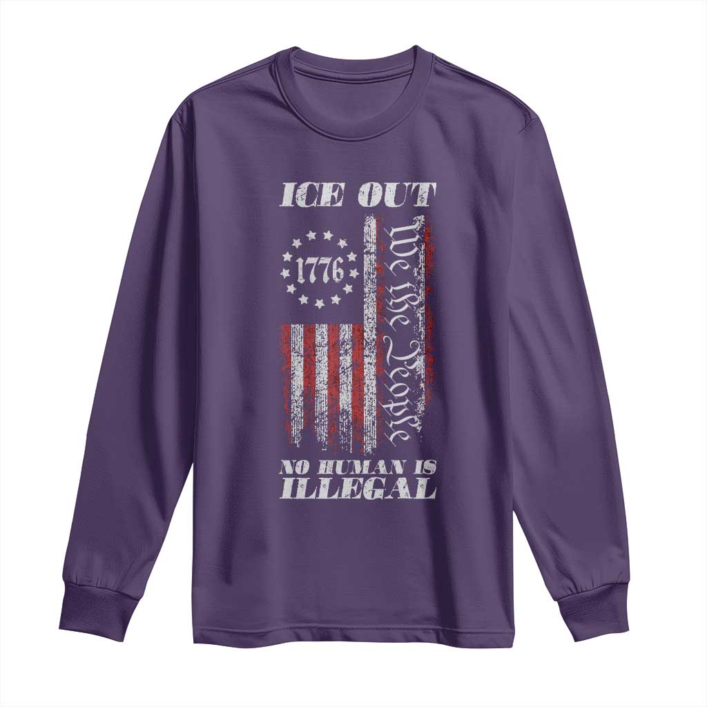 Ice Out No Human Is Illegal Long Sleeve Shirt Vintage Old 1776 US Flag TS10 Purple Print Your Wear